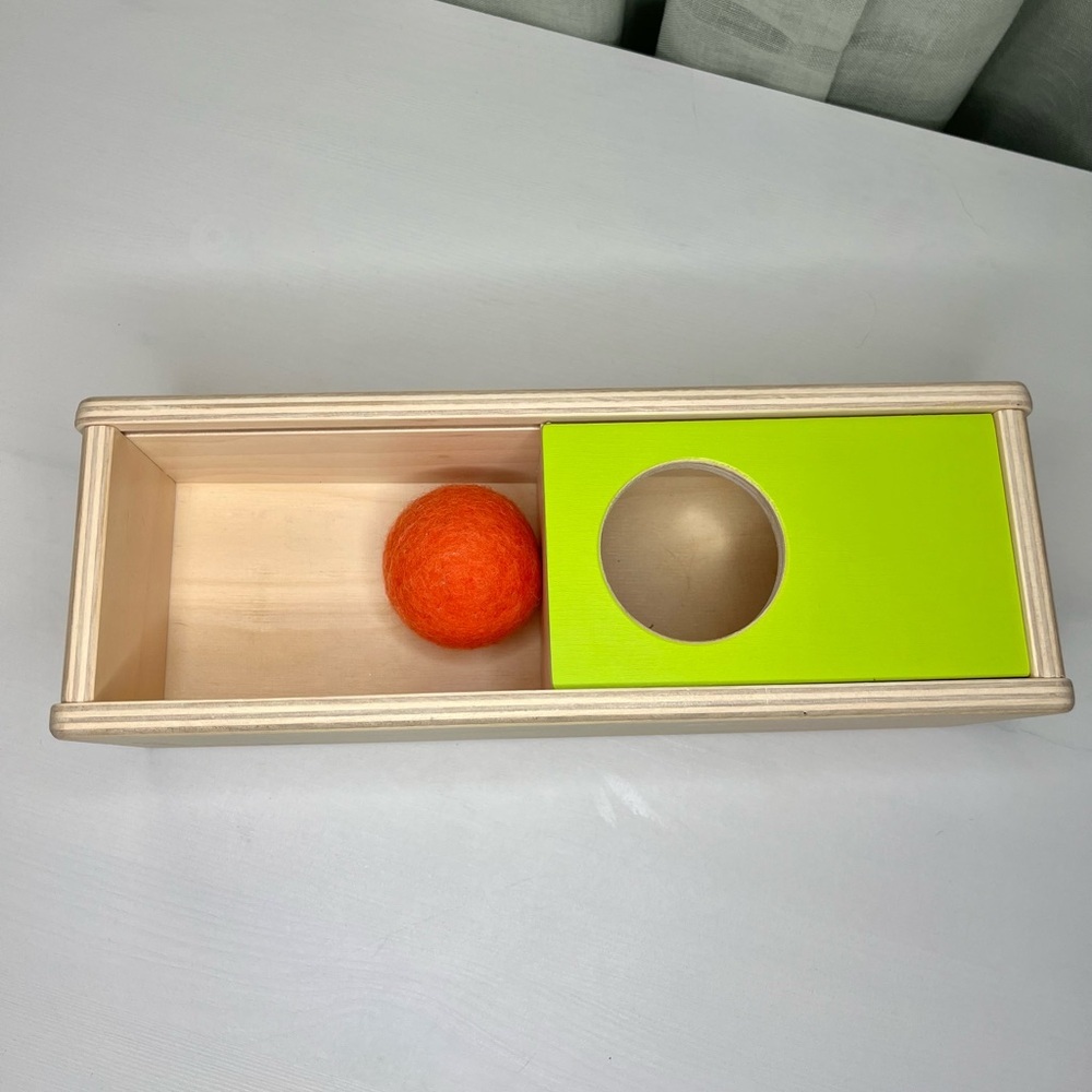 Lovevery Sliding Top Drop Box with Felt Ball from the Thinker Kit Months 11-12